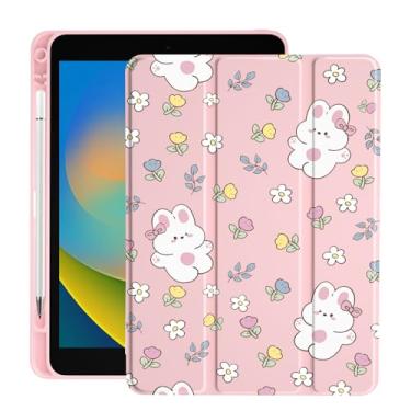 Imagem de Linda flor de coelho para iPad Pro 10,5 polegadas 2017 Air 3 capa com suporte para lápis, capa dobrável de couro rosa, suporta despertar automático