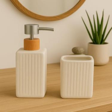 Imagem de Kit de Banheiro 2 Peças para Lavabo Banheiro Porta Sabonete liquido Dispenser e Porta Escova de Dente Cerâmica para Pia Decoração Moderno Estilo Madeira (ÔNIX BRANCO)