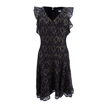 Imagem de Tommy Hilfiger Vestido feminino de renda de malha floral dourado com manga esvoaçante, Preto/dourado, 36