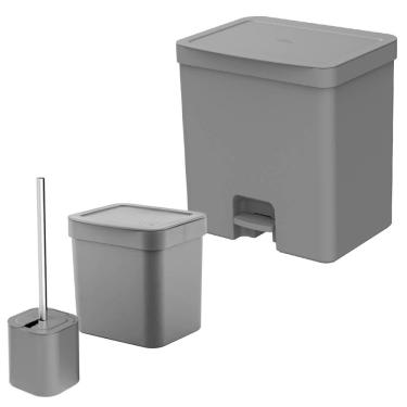 Imagem de Lixeira para Banheiro e Cozinha e Escova Sanitária Chumbo 20L e 2,5L 3 Peças - Ou