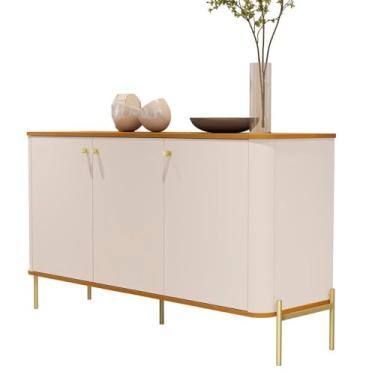 Imagem de Aparador Buffet Tucupí Sala com 3 Portas e Pés de Metal Off White/nature/dourado