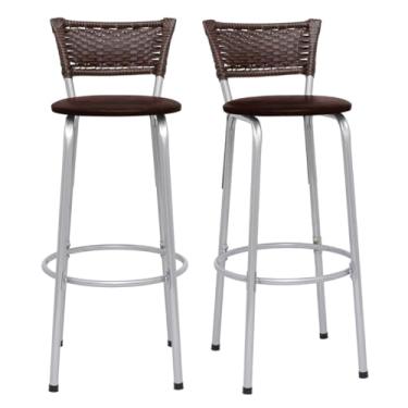 Imagem de Kit 2 Banquetas Alta Junco Argila Estrutura Prata 70cm Para Balcão Ilha Bancada Cozinha Bar Bistrô Americano - Itagold (Assento Marrom Claro)
