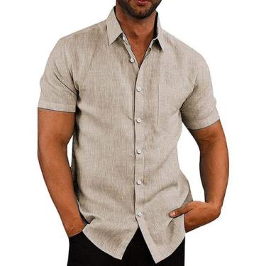 Imagem de Camisa masculina COOFANDY de linho com botões, manga curta, cáqui