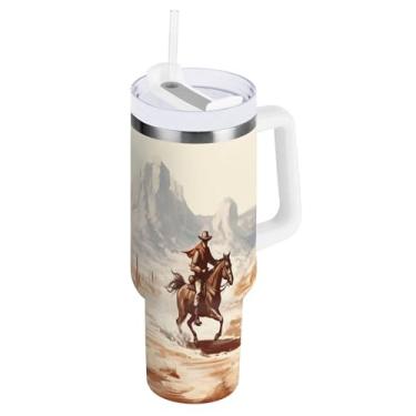 Imagem de xigua Copo vintage Western Cowboy de 1,134 g com tampa e canudo, aço inoxidável de vácuo duplo isolado garrafa de água esportiva suporte para copo de café de viagem à prova de vazamento para bebida