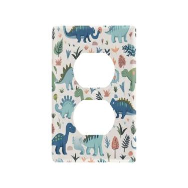 Imagem de Blueangle Placa de parede de tomada dupla colorida de dinossauro, tamanho padrão, placas de cobertura de tomada elétrica de 1 gangue para decoração de quarto de escritório em casa, 4,53 x 2,76