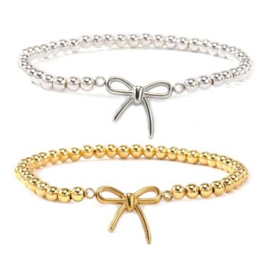 Imagem de SHINUS BOHO Pulseiras de Dia dos Namorados combinando para casais, pulseira de ouro delicado com nó de amor, corrente banhada a ouro 14 K, joias de relacionamento, presentes de amizade, 7.0, Sem Pedra