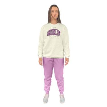 Imagem de Conjunto de Moletom Feminino Blusa Sem Capuz e Calça Jogger Estampado 
