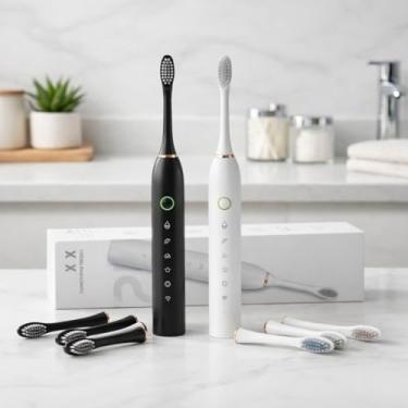 Imagem de Escova de Dente Elétrica Sônica Recarregável USB, Limpeza Profunda, 5 Modos, Timer Automático, IPX7, Uso Adulto e Infantil (Branco/Preto)