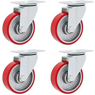 Imagem de Rodízios resistentes de 7,6 cm - Rodízios de haste de placa giratória com rodas de poliuretano vermelhas para facilitar o movimento e substituição em carrinhos e bancadas de trabalho