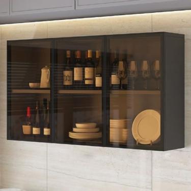 Imagem de Armário de armazenamento de porta de vidro montado na parede - Armário de parede de cozinha e banheiro de madeira maciça, 90 x 30 x 60 cm - Organizador elegante de varanda e vaso sanitário para