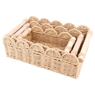 Imagem de 3un Conjunto de Cestos Armazenamento Borda Ondulada Corda Papel, 3 Tamanhos Cestos Vime Neutro Trançados à Mão com Alças Madeira para Decoração Prateleiras Sala Estar Quarto Mesas Cabeceira