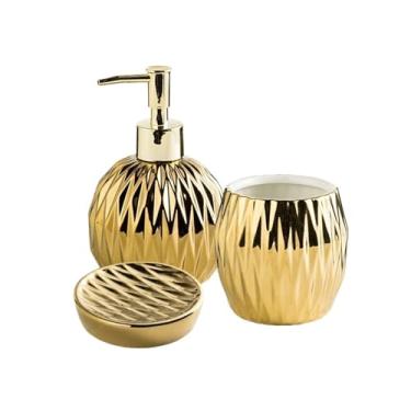 Imagem de Conjunto de quatro peças de cerâmica leve de banheiro de luxo inclui dispensador de sabonete, copo de enxaguante bucal e xampu de saboneteira (ouro)