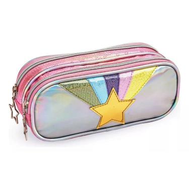 Imagem de Estojo Duplo Infantil Unicórnio Estrela Rosa Escolar Denlex-Feminino