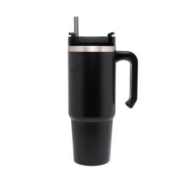 Imagem de Copo Térmico Aço Inox C/Parede Dupla, Alça, Tampa e Canudo Plástico Slimterm Preto 890m...