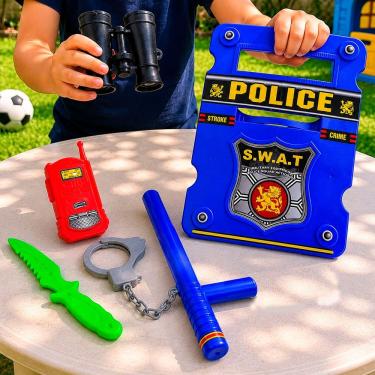 Imagem de Kit Brinquedo Infantil Policial com Escudo Cassetete Faca Rádio Algema e Binóculo Azul