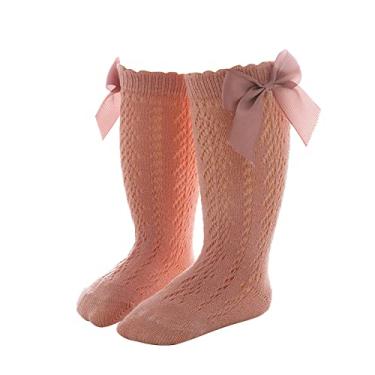 Imagem de Meias de cano alto para bebês e meninas 1 pacote com meias longas com laço e babados (rosa, 5 a 7 anos)