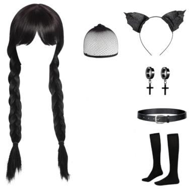 Imagem de SKEFOLI Conjunto de peruca preta longa, fantasias de Halloween para crianças, tranças pretas longas com franja luvas colar pulseira brincos para crianças, peruca longa reta tranças para adultos fantasia cosplay