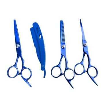Imagem de Kit 3 Tesouras Profissionais Barbeiro Cabelereiro Navalha com Estojo Fio Navalha Laser Desbaste Para Cabeleireiro Barbeiro Desfiadeira Case Cores (Azul)