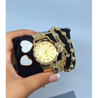 Imagem de Kit Relógio Feminino Aço Inox Quartz Analógico redondo Luxo Dourado Ro