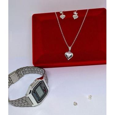 Imagem de Kit Relógio Digital Led Feminino Wr Retrô Aço Inox + Conjunto colar e 