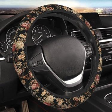 Imagem de MAGIFUN Capa de volante de carro flor vintage rosa floral acessórios de carro para mulheres meninas, acessórios de carro feminino protetor de volante universal de 38 cm para carro, caminhão, SUV,