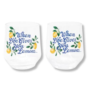 Imagem de Draper James Conjunto de 2 taças de vinho sem haste de acrílico sem BPA com frase alegre, pronto para presente em caixa decorativa, limões