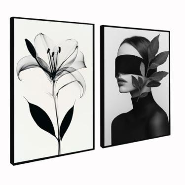 Imagem de Quadros Decorativos Mulher flor preto branco luxo moderno quarto com moldura e vidro (Moldura Bege, 60x80, Sem Vidro)
