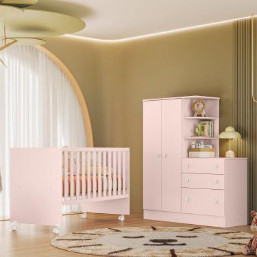 Imagem de Quarto de Bebê com Berço Reto e Roupeiro Doce Sonho Rosa Qmovi