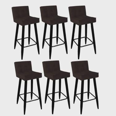 Imagem de Kit 06 Banqueta Alta Lucy Com Encosto Cozinha Bar Balcão Bistrô Pé Palito Preto Tecido Sintético Marrom - Ahz Móveis