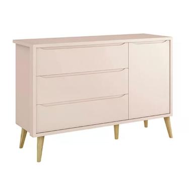Imagem de Cômoda Infantil Theo 1 Porta E 3 Gavetas Rosa Fosco Com Pés Madeira Natural - Reller Móveis Rosa Fosco