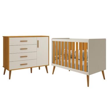 Imagem de Conjunto de Quarto Infantil Isis com Cômoda 4 Gavetas 1 Porta em MDF Puxador Madeira Bege Fosco