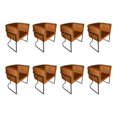 Imagem de Kit 8 Poltronas Decorativa Sala De Estar Base De Ferro Preta Veludo Terracota Laranja