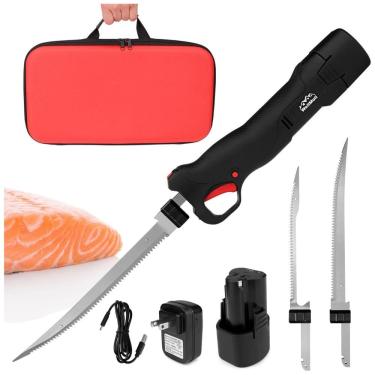 Imagem de Faca Elétrica Sem Fio para Filé de Peixe com 2 Lâminas de Aço Inoxidável, Cabo Antiderrapante e Travamento de Segurança,WellMall