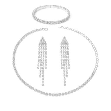 Imagem de Conjunto Colar Brinco Pulseira Choker Gargantilha Rivieira Franja Zircônia Cúbica Prata - Casament Festa Formatura Debutante - Presente Noiva Namorada Mãe - Minimalista Delicado