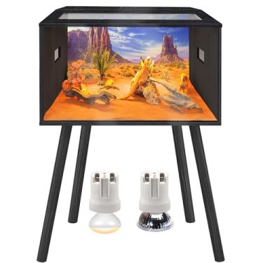 Imagem de PROLEE Tanque de répteis de 26 galões, tanque de dragão barbudo de vidro temperado com teto de madeira e portas trancáveis, grande habitat de lagarto para cobras, iguanas, camaleões (preto)