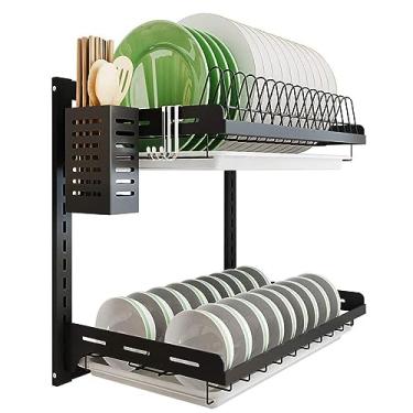 Imagem de AKALNNB Escorredor de pratos de cozinha para balcão de cozinha, escorredor de pratos grande de aço inoxidável de 2 camadas à prova de ferrugem com drenagem, inclui suporte removível para utensílios
