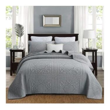 Imagem de ZDJZMGZ Conjunto de edredom Queen, 3 peças, colcha acolchoada reversível, bordada, de algodão lavável, com 2 fronhas, conjunto de edredom macio e completo (cinza, 250 x 270 cm)