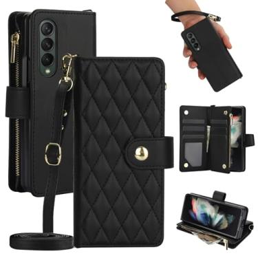 Imagem de Asuwish Capa de telefone para Samsung Galaxy Z Fold 3 5G 2021 com carteira com zíper, compartimento para cartão, suporte, alça de pulso, acessórios para celular ZFold3 Z3 Fold3 ZFold 3Z ZFold35G