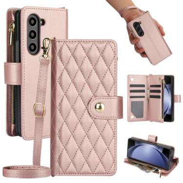 Imagem de Asuwish Capa de telefone para Samsung Galaxy Z Fold 5 5G 2023 com carteira com zíper, compartimento para cartão, suporte, alça de pulso, acessórios de celular de couro para celular ZFold5 Z5 G Fold5