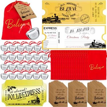 Imagem de 48 conjuntos de presentes de Natal Polar Express Bells, sino de prata, Papai Noel, enfeite de Natal a granel, bilhete de trem com etiquetas, bolsa de veludo vermelho, lembrancinhas de festa de Natal