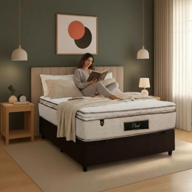 Imagem de Cama Box Baú Casal Suede + Colchão Cloud Pillow Top Molas Ensacadas Luckspuma 138x188x74 Marrom