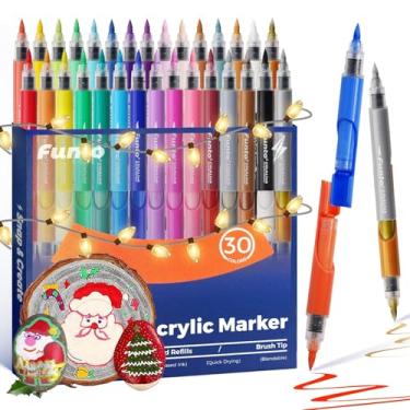 Imagem de Funto Marcadores de acrílico ClickLink, 30 cores duplas com ponta de pincel, tinta de secagem rápida à base de água, refis de Visi-Pod sem ácido para pedras, cerâmica, vidro, madeira e artesanato DIY