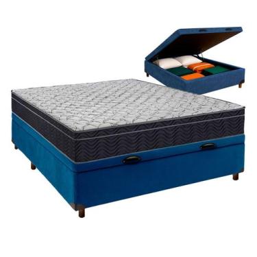Imagem de Cama Box Bau Azul + Colchão Casal Airtech 150 Ortobom