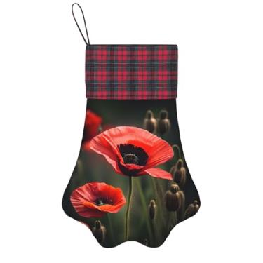 Imagem de SKKNT Estampa de flores de papoula vermelha, meias de Natal, animais de estimação, decoração de Natal, cães, gatos, árvores, doces, presente, conveniente