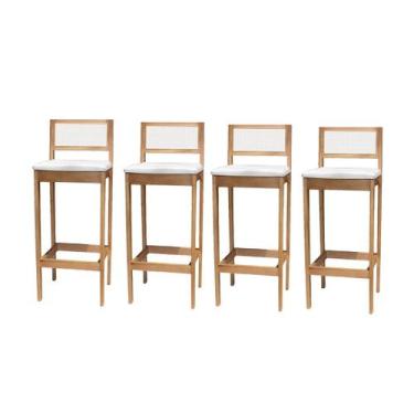 Imagem de Kit 4 Banqueta Alta de Madeira com Assento Estofado e Encosto em Palhi