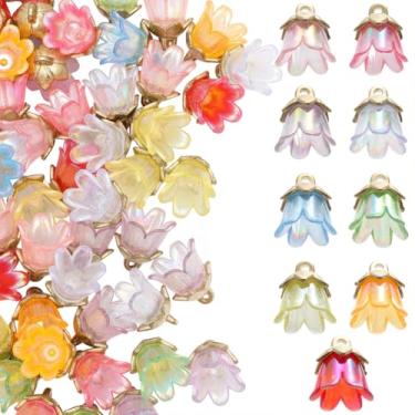Imagem de SUNNYCLUE 1 caixa, 72 peças, pingentes de flores de 9 cores, pingentes florais de lírio, a granel, primavera, lírio do vale, pingentes de flores de acrílico dourado para fazer joias, brincos, colar