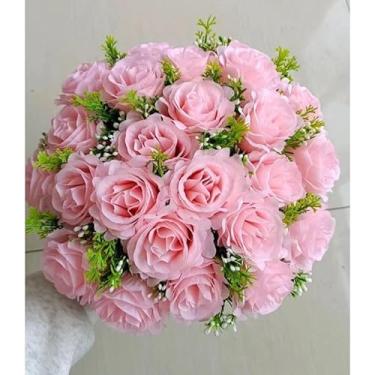 Imagem de Buquê de Rosas Artificiais com Folhagem, 24 Galhos, 36cm, Flores Artificiais Decorativas para Arranjos, Mesa e Casamento(Rosa 4581/3916,2 Unidades)