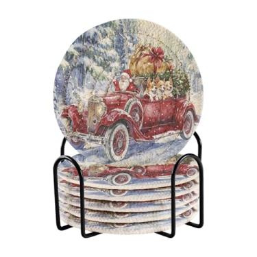 Imagem de Blueangle 6 peças de porta-copos de carro vermelho vintage para bebidas, porta-copos de tecido redondo super absorvente para mesa de café, proteção de mesa para decoração de casa (364)