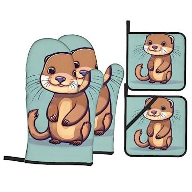 Imagem de Luvas de cozinha resistentes ao calor e suporte de panela com estampa de lontras fofas de desenho animado, luvas de forno confortáveis para cozinhar