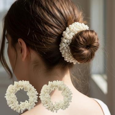 Imagem de 2 peças de laços de cabelo com contas - elásticos de rabo de cavalo, suporte de rabo de cavalo fino e grosso, acessórios para festas diárias femininas